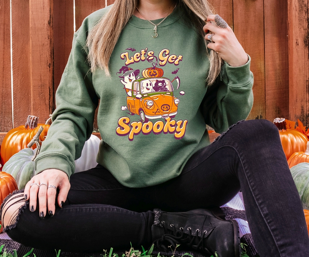 Let’s Get Spooky Sweatshirt Spooky Bus Sweatshirt Cute Ghost Shirt Black Cat Shirt Halloween Sweatshirt Pumpkin Shirt Ghouls Shirt