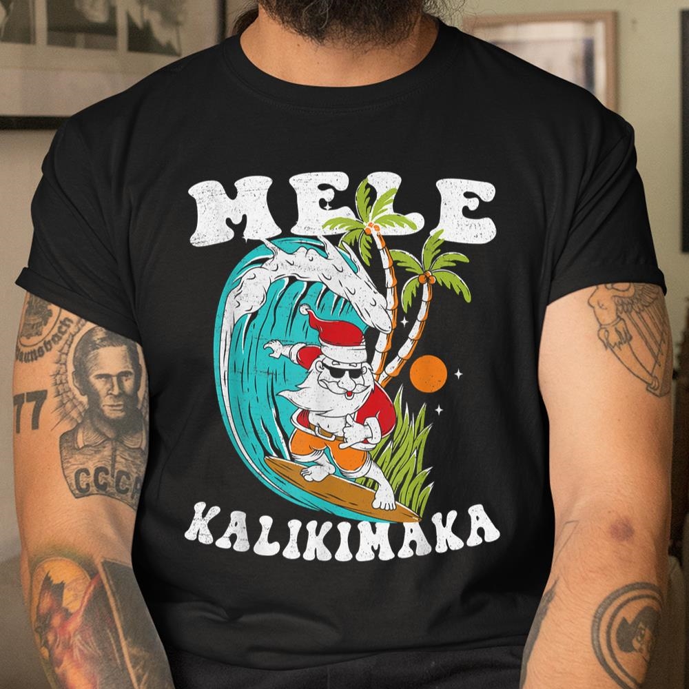 Mele Kalikimaka Hawaii Christmas Surfing Santa Shirt