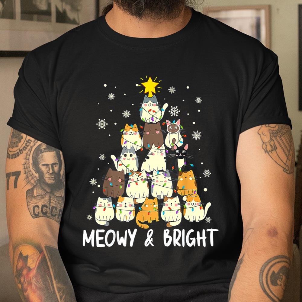 Meowy Catmas Cat Christmas Tree Xmas Girls Boys Funny Santa Shirt