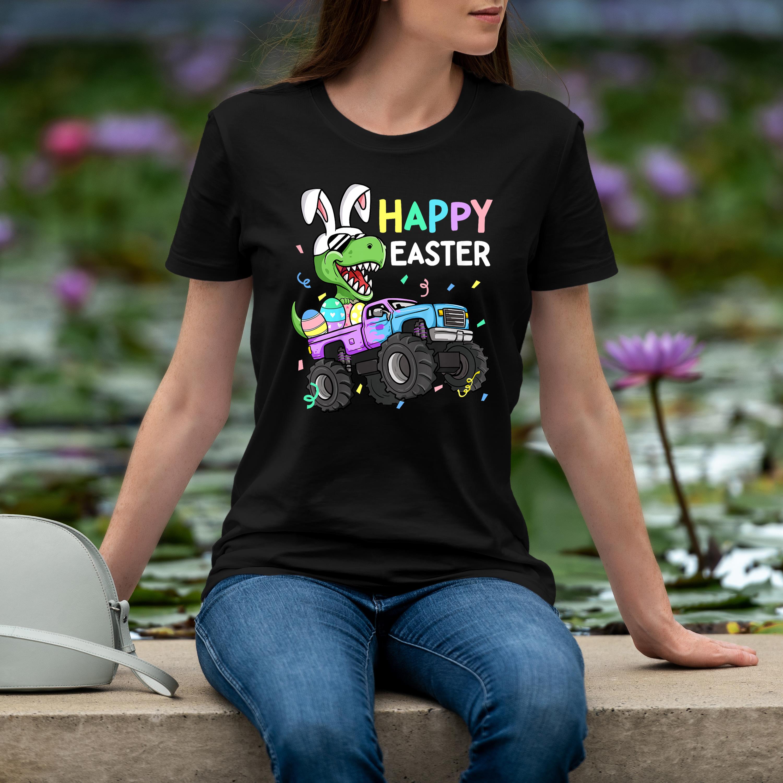 Kids Boys Happy Easter T Rex Bunny Monster Truck Rabbit Ears Shirt