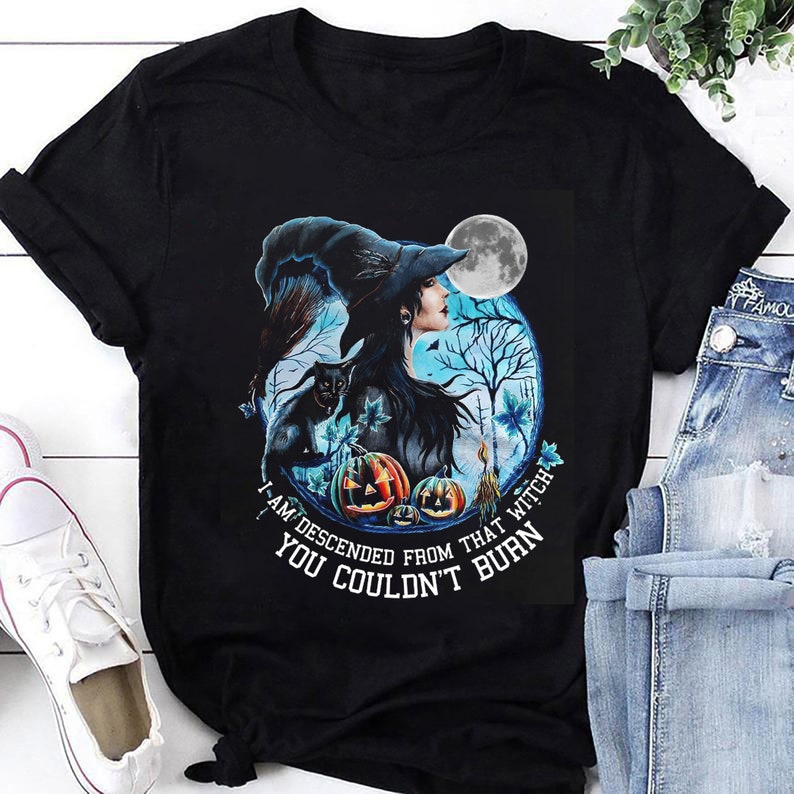I Am Descended From That Witch You Couldn't Burn Halloween T-Shirt, Spooky Season Shirt, Black Cat Shirt, Halloween Gift Shirt For Women