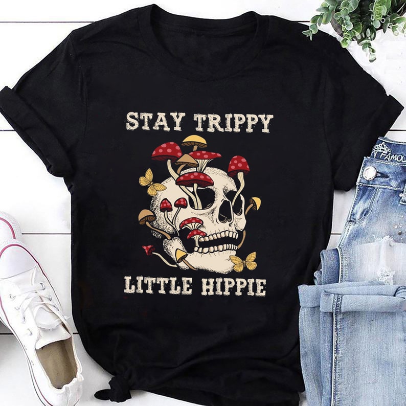 Mushroom Skull Stay Trippy Little Hippie Graphic T-Shirt, Hippie Soul Tee, Hippie Sign Unisex Shirt, Travelling Shirt, Boho Style Fan Shirt